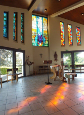 The stained glass windows in the chapel in Hosanna House